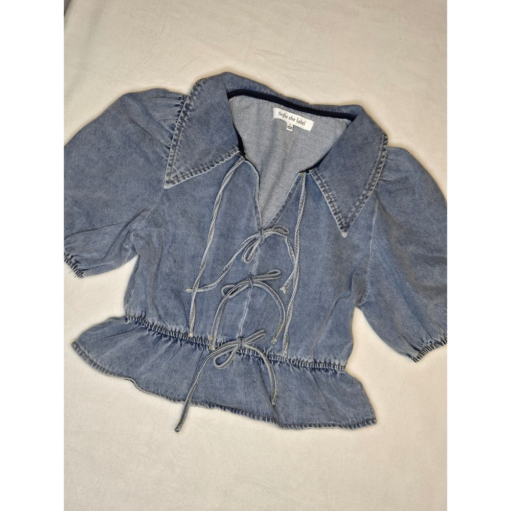 Sofie the Label Denim Puff Sleeve Tie Front Peplum Top Medium Wash Small